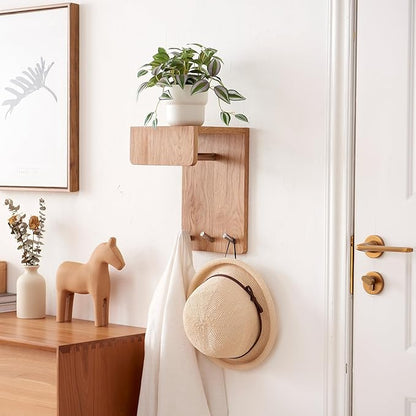 Oak Wood Coat Rack Wall Mount with 8 Inch Long Entryway Wall Shelf and 3 Hooks, Floating Shelf with Hooks for Bathroom, Hallway, Living Room
