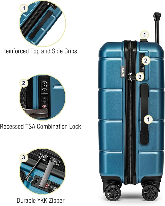 KYME Carry On Luggage 22x14x9 Airline Approved with Cup Holder Hardside Carry On Suitcase with Spinner Wheels TSA Lock Hardshell 22 inch Travel Rolling Luggage for Women Men Blue