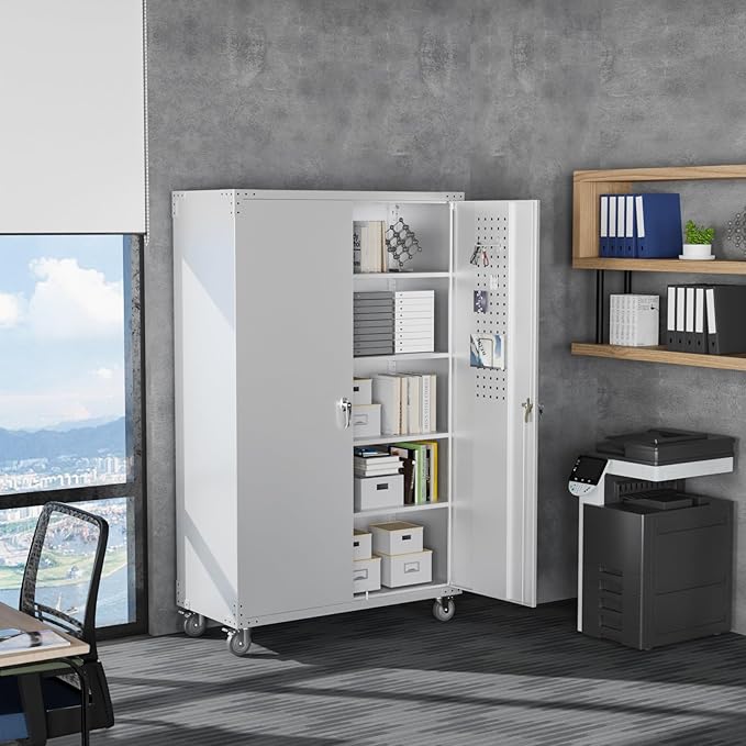 VINGLI Upgraded Wide & Deep Garage Storage Cabinet, Metal Storage Cabinet with Pegboards, Wheels, Locking Doors and Adjustable Shelves (Gray, 43''W x 20''D x 72''H)