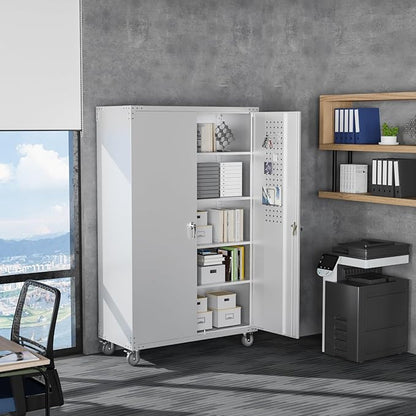 VINGLI Upgraded Wide & Deep Garage Storage Cabinet, Metal Storage Cabinet with Pegboards, Wheels, Locking Doors and Adjustable Shelves (Gray, 43''W x 20''D x 72''H)