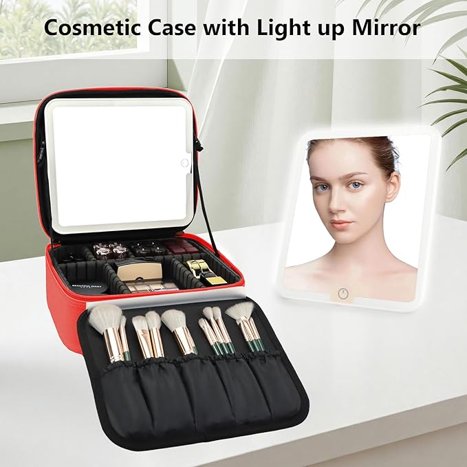 Travel Makeup Bag with LED Mirror Travel Makeup Organizer with 3 Lighted Settings, Adjustable Dividers and Makeup Brush Storage Bag Red