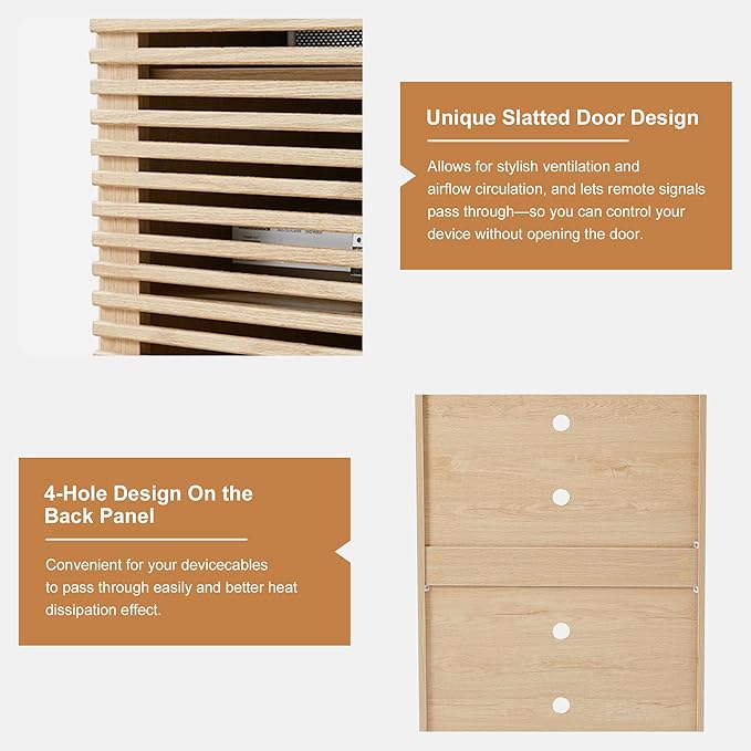 LEVNARY 5-Tier AV Media Cabinet with Grille Door & Adjustable Shelves, Modern Wooden Stereo Rack with Cable Management & Wheels, Audio Video Stand for Living Gaming Room Recording Studio (Natural)