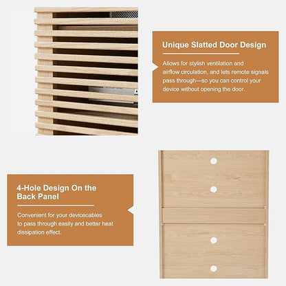 LEVNARY 5-Tier AV Media Cabinet with Grille Door & Adjustable Shelves, Modern Wooden Stereo Rack with Cable Management & Wheels, Audio Video Stand for Living Gaming Room Recording Studio (Natural)