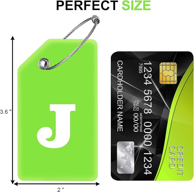 8 Pcs Luggage Tags for Suitcases, 26 Initial Letter Travel Luggage Baggage Identification Labels ID Tags Fully Bendable Tags with Stainless Steel Loop (Letter J, Green)