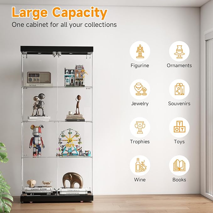 Tempered Glass Display Cabinet with Lights, 4-Tier Curio Cabinet with Glass Doors Wheels Two Locks, Glass Display Case for Collectibles for Living Room, Bedroom, Office, Black, Double Door