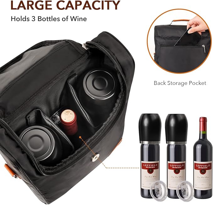 3 Bottle Wine Tote Bag with Wine Tumblers and Wine Opener, Wine Gifts for Women, Portable Wine Carrier Purse with Shoulder Strap for Travel/Picnic/Beach/Pool/Events/Hiking, Black