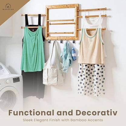 Bamboo Wall Mount Drying Rack for Laundry – Collapsible Foldable Clothes Dryer with 8 Arms & 5 Hooks, Space-Saving Laundry Hanger Dryer Rack, 20 Inch, 80 lb Capacity (Natural)