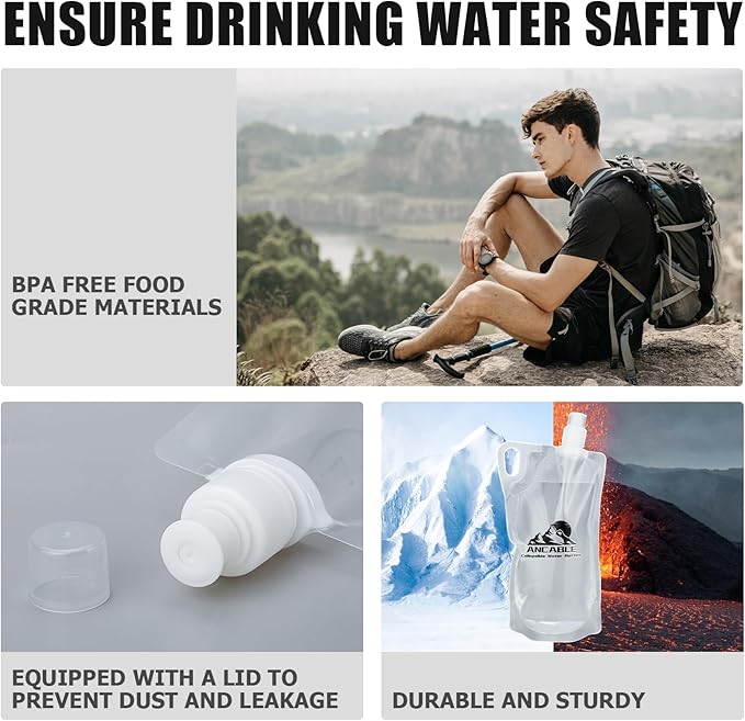 1L Hiking Collapsible Water Bottles, 8-Pack 33OZ BPA-Free Foldable Backpacking Water Bottle for Travel Camping Hiking