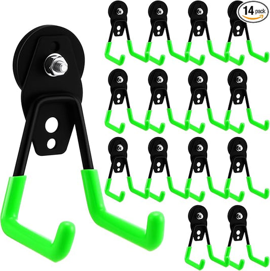 Landhoow Large Magnetic Hooks Heavy Duty Garage Magnet Hooks Strong Storage Utility Magnetic Hangers with Anti Slip Rubber Coating for Indoor and Outdoor Hanging(Green,14 Pcs)