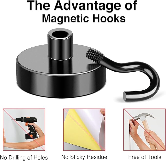 MIKEDE Magnetic Hooks, 50Lbs Strong Neodymium Black Magnet Hook for Hanging, Heavy Duty Magnetic Hooks Classroom Must Have, Magnet with Hooks for Home, Kitchen, Workplace, School - Pack of 10