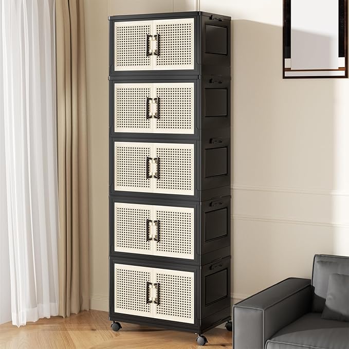 Stackable Storage Bins with Lids,Collapsible Plastic Storage Box Closet Organizers and Storage with Wheels and Magnetic Door for Home Office Dorm (5 Pack)