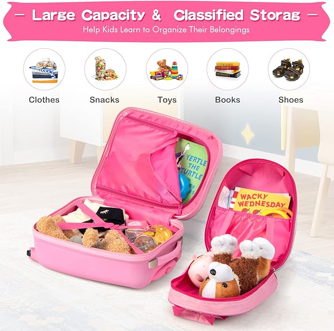 HONEY JOY Kids Luggage, 12" Toddler Backpack & 16" Travel Suitcase with Wheels, Lightweight Toddler Girls Suitcase, Durable ABS Hardshell, 2Pcs Carry On Luggage Set for Boys Girls(White Horse)