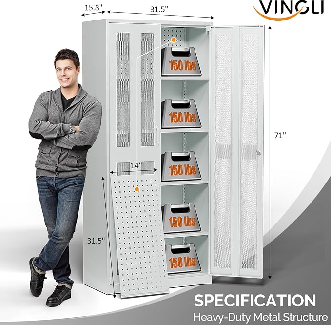VINGLI Metal Garage Storage Cabinet with 2 Mesh Doors, Locking Steel Display Cabinet with Pegboards and 4 Adjustable Shelves, Ideal for Garage, Office, Pantry, Workshop(Gray, 32''W x 16''D x 71''H)