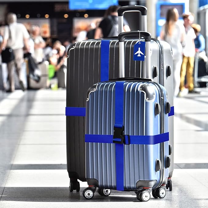 Weewooday 8 Pcs Luggage Straps Suitcase Tags Set for TSA Approved, 4 Travel Adjustable Suitcase Belt, 4 Silicone Luggage Tags with Name ID Card Travel Accessories(Ultramarine,Airplane)