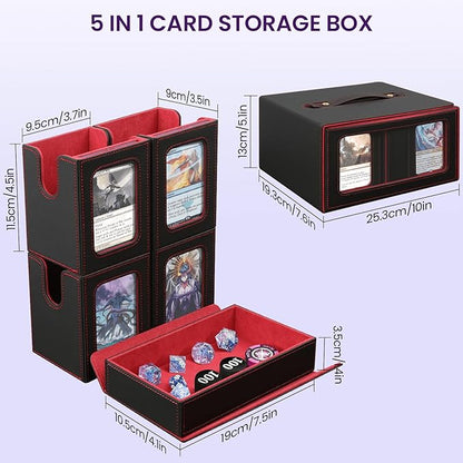 Card Storage Box for MTG with Commander Display for Trading Cards 400+, Card Deck Box with Handle, Removable Deck Case for TCG/Sports Cards, 4 Dividers, 1 Dice Tray, 4 Card Holders, Black Red