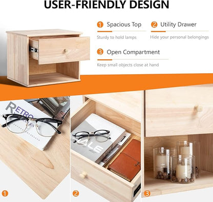 VINGLI Unfinished Natural Solid Wood Floating Nightstand for Bedroom, Small Nightstand with Drawer/Shelf, Farmhouse Night Stand Wall-Mounted Nightstand/Bedside Table for Small Space Color DIY