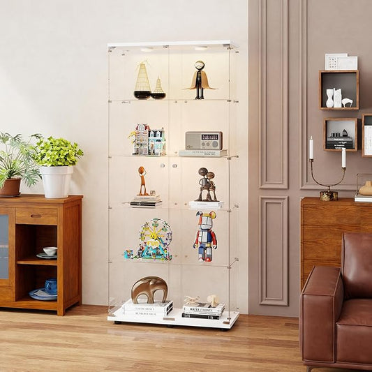 5-Tier Tempered Glass Display Cabinet with Lights, Curio Cabinet with Glass Doors and Lock, Glass Display Case for Collectibles, for Living Room Bedroom Office, Double Door, White