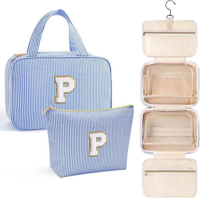 YOOLIFE Hanging Toiletry Bag for Women - Travel Toiletry Bag Makeup Bag, Portable Toiletries Cosmetic Bag, Airplane Travel Essentials - Letter P, Blue