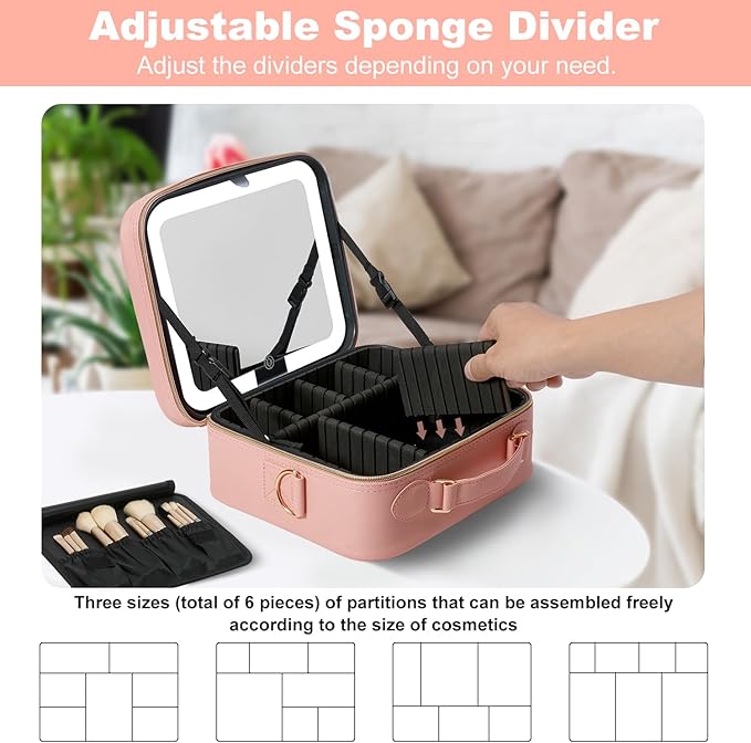 Mocado Travel Makeup Bag with LED Lighted Mirror,Travel Makeup Organizer,Makeup Case with 8 Makeup Brushes and 10x Magnifying Mirror,3 Colors Lighting, Adjustable Dividers Makeup Box(Pink)