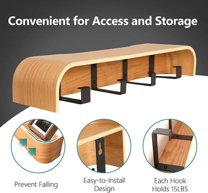 Coat Rack Wall Mount with Hidden Hooks Modern Key Holder Wood Entryway Hook with Shelf for Bedroom Kitchen Hallway Bathroom Designed for Hanging Coats Hats Bags Towels Dog Leashe(Oak,4 Hooks)