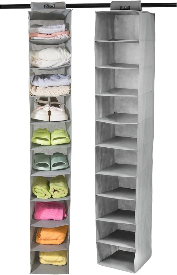 Boxy Concepts 10-Shelf Hanging Hat Organizer for Baseball Caps - Grey Contemporary Fabric - Space-Saving Baseball Cap Organizer & Closet Storage - Wall-Mount Hat Rack & Shoe Rack