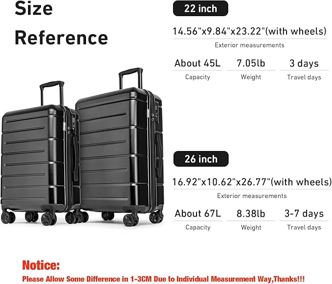 KYME Luggage Sets 2 Piece Hardshell 22"/26" Suitcase with Spinner Wheels Hardside Suitcases Sets with TSA Lock Lightweight Travel Luggage Set with Cup Holder for Women Men Black