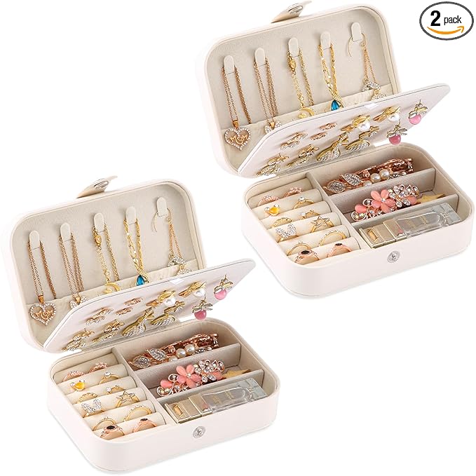 Travel Jewelry Box, PU leather Small Jewelry Organizer For Female Girls, double layer portable mini travel case for storing earrings, rings, necklaces.(Bright White 2pcs)
