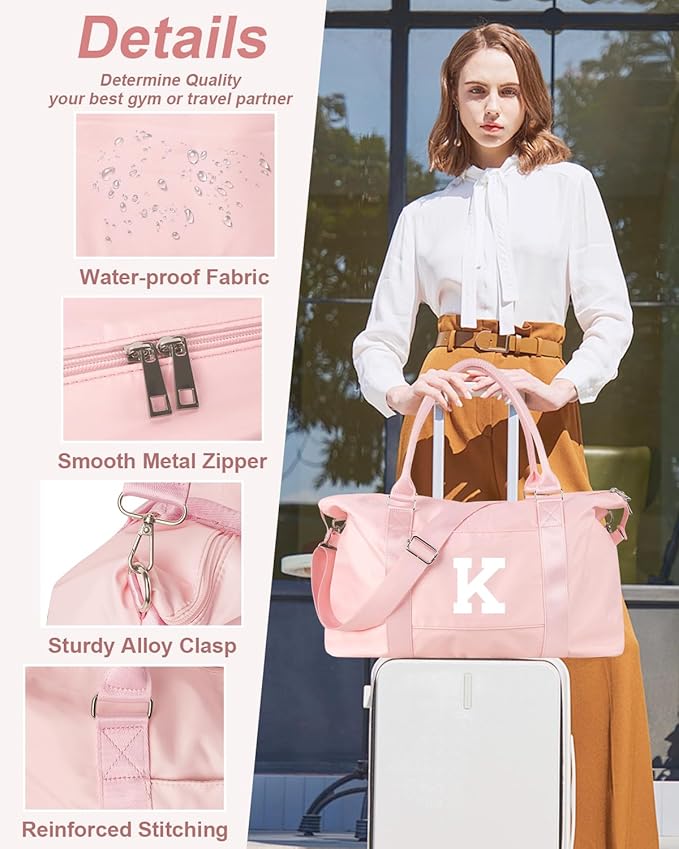 Initial Travel Duffel Bag Sports Gym Bag for Girls Teen Birthday Gifts,Pink Personalized Weekender Bag Carry On Tote Bags for Women Men,Waterproof Overnight Luggage Bag with Trolley Sleeve(Letter K)