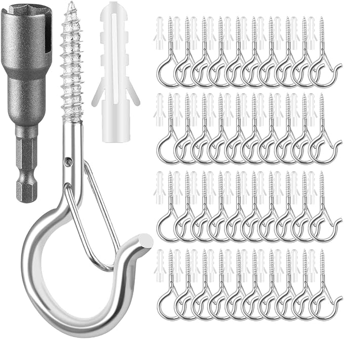 48 PCS Q-Hanger Hooks, Screw Hooks for Outdoor String Lights, Safety Buckle Design Cup Eye Hook for Hanging Christmas Lights, Plants, Mounted on Wall Ceiling, Include 1 Wing Nut Driver, Silver
