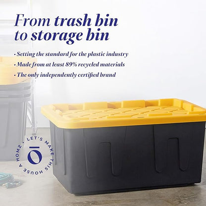 HOMZ 4-Pack Durabilt Tote, Heavy Duty Plastic Storage Bins with Lids, 27 Gallon, Black/Yellow - Stackable Organizing Containers for Home, Garage, and Shed
