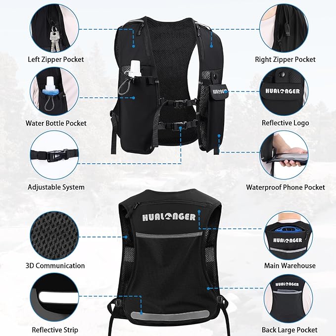 Running Hydration Vest for Women Men,Lightweight Breathable Hydration Pack with 500ml Soft Flask, Adjustable Chest Straps Reflective Backpack for Trail Running Marathon Race Jogging Cycling