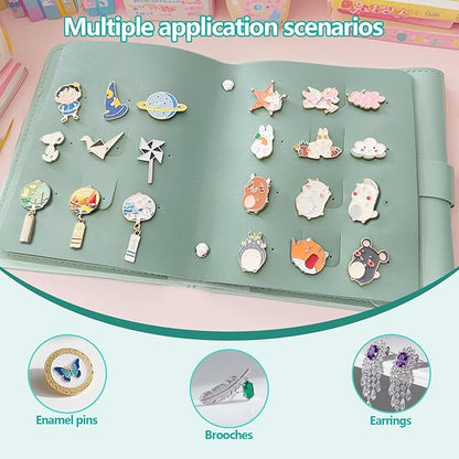 Enamel Pin Display Book - 4 Page Leather Travel Organizer for Collectors, Portable Lapel Pin Holder with Secure Storage, Compact Pin Trading Book (Sage Green)