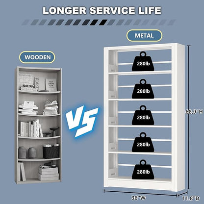 69” Tall Metal Bookshelf, Heavy Duty Bookcase, Modular Book Shelf with Expansion Capability, 5-Tier Adjustable Bookshelves for Heavy Books, Library, Living Room, Office. White