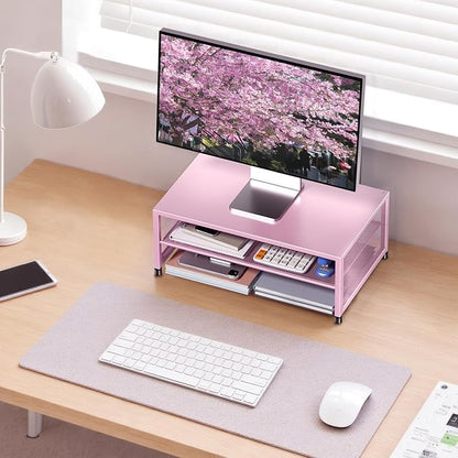 Desk Organizers and Accessories, 2-Tier Metal Computer Monitor Stand Riser, Desk Organizer for Monitor, Printer & Laptop Stand, Desktop Workspace Organizers for Office Supplies(Pink)