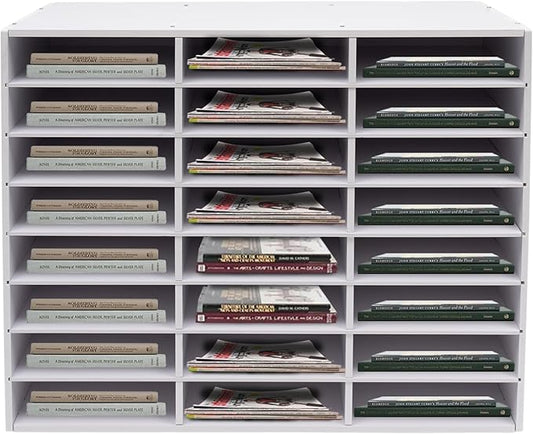 24 Compartments Literature Organizer, Desktop File Sorter Mail Center Paper Storage Cabinet Classroom Mailbox for Files Documents Papers Magazines (White 24Slots)
