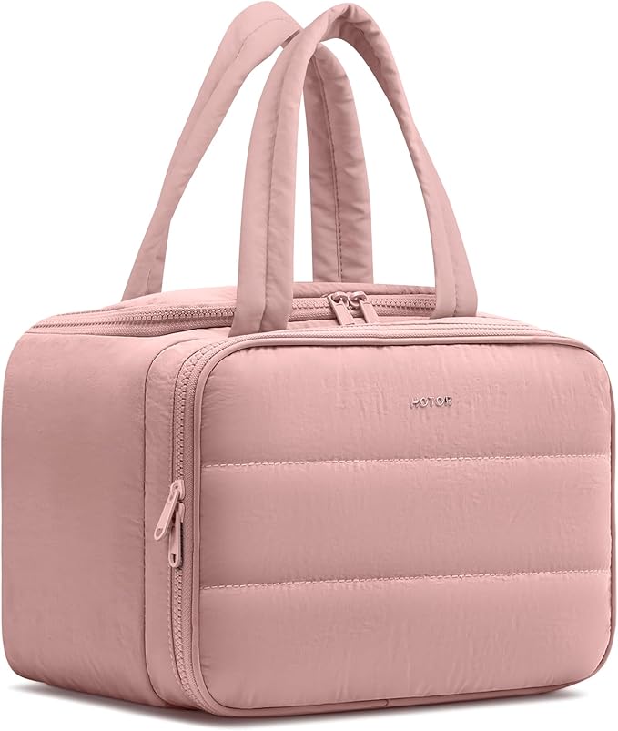 HOTOR Travel Toiletry Bag - Wide-Open Toiletry Bag for Women, Multi-Pocket Makeup Bag for Travel Essentials, Wet & Dry Separation Travel Accessories for Trip, Gym, 11.4" x 5.9" x 8.3", Dark Pink