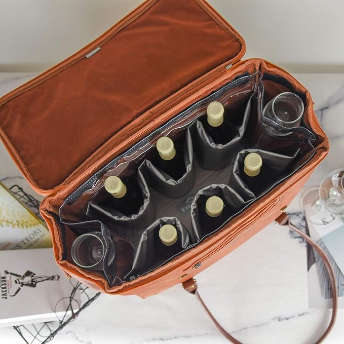 Freshore® 6 Wine Bottles Carrier Leather Bag - Insulated Cooler Travel Tote - Premium Large Portable Bottle Carrying, Waterproof Full Padding Wine Lovers Protection, Dark Brown