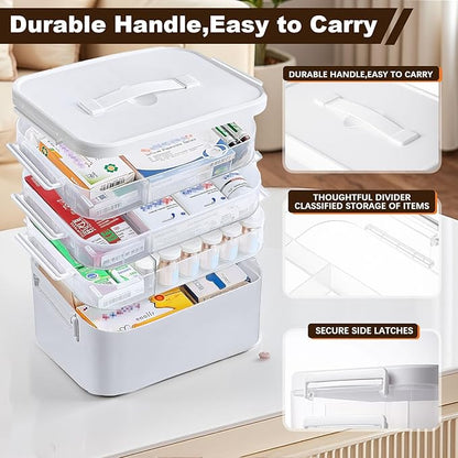 4-Tier Portable Medicine Cabinet Organizer, Large Medicine Storage Box with Handle, Plastic First Aid Box Empty, Multipurpose Medical Supply Organizer, Medication Storage with 3 Removable Tray