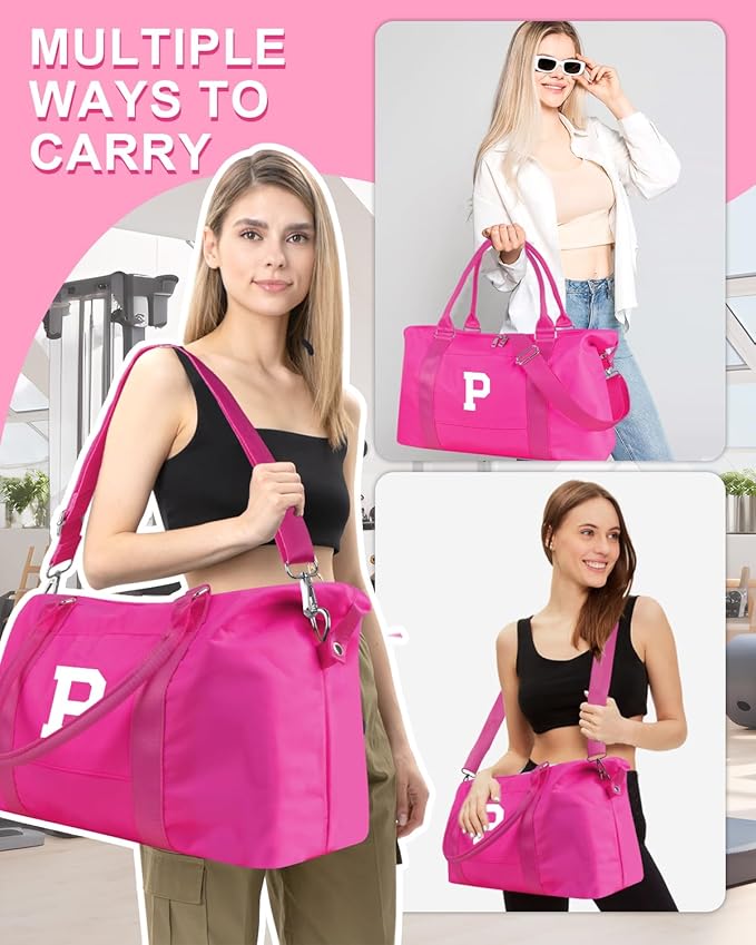 Overnight Bag for Kids Teen Girls Weekender Dance Bag Birthday Graduation Gifts,Initial Travel Duffel Bag Sports Gym Bag Personalized Weekender Bag Carry On Bags Preppy Gifts for Women(Hot Pink, P)