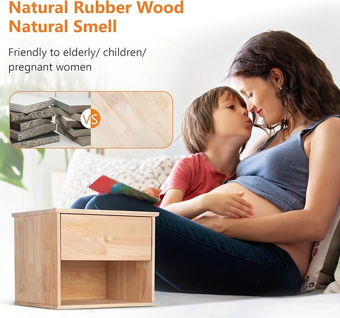 VINGLI Unfinished Natural Solid Wood Floating Nightstand for Bedroom, Small Nightstand with Drawer/Shelf, Farmhouse Night Stand Wall-Mounted Nightstand/Bedside Table for Small Space Color DIY