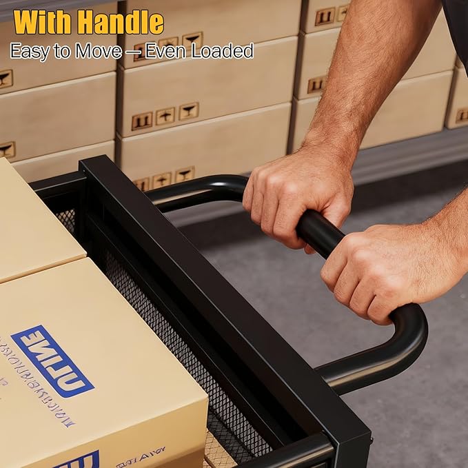 300LBS Heavy Duty Service Utility Cart on Wheels, Metal Rolling Utility Cart with Fences, 2-Tier Service Carts for Garage Garden Warehouse Tool House, Black, 360° Swivel, Ergonomic Handle, Sturdy