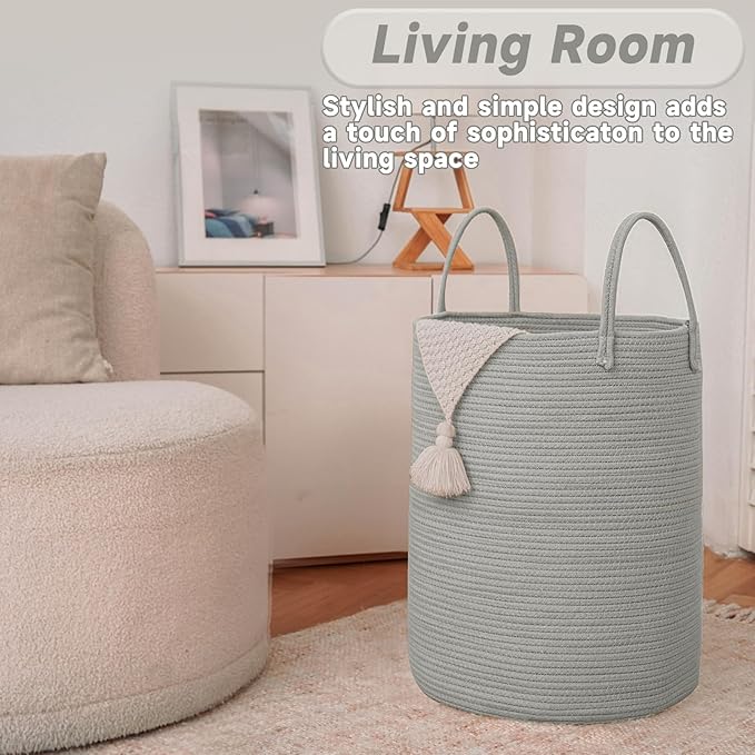 Large Woven Laundry Basket Hamper,80L Cotton Rope Storage Bin for Blankets,Toys and Clothes,Decorative Tall Nursery Hamper for Living Room,Baby Nursery,Bathroom and Bedroom,Grey