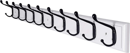 Dseap Coat Rack Wall Mounted: 10-Hooks, 16" Hole to Hole, 38-1/4" Long, Wood Coat Hooks Wall Mounted, Hook Rack, Hook Rail, Hooks for Hanging Coats, White & Black