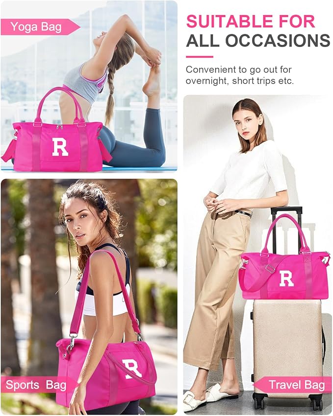 Overnight Bag for Kids Teen Girls Weekender Dance Bag Birthday Graduation Gifts,Initial Travel Duffel Bag Sports Gym Bag Personalized Weekender Bag Carry On Bags Preppy Gifts for Women(Hot Pink, R)