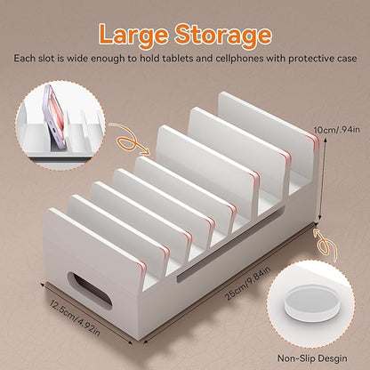 Pezin & Hulin Bamboo Charging Station with Watch Stand, Docking Holder for Multi Device with 5 Charge Cables, Desktop Dock Stations Electronic Organizer for Cellphone, Tablet, Watch-White