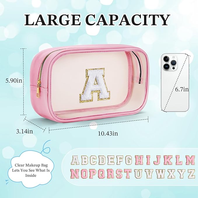 YOOLIFE Birthday Gifts | Initial Travel Makeup Bag Pouch, Clear Toiletry Bag for Women Travel Accessories Cosmetic Bag Skin Care for Teen Make Up Bags Birthday Gifts for Teacher Mom Pink B