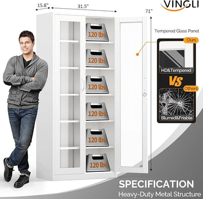 VINGLI Lockable Display Cabinet with Glass Doors & 5 Adjustable Shelves, 71" Tall White Metal Storage Cabinet Curio Liquor, Bookshelf Bookcase for Home Office Living Room Pantry Garage