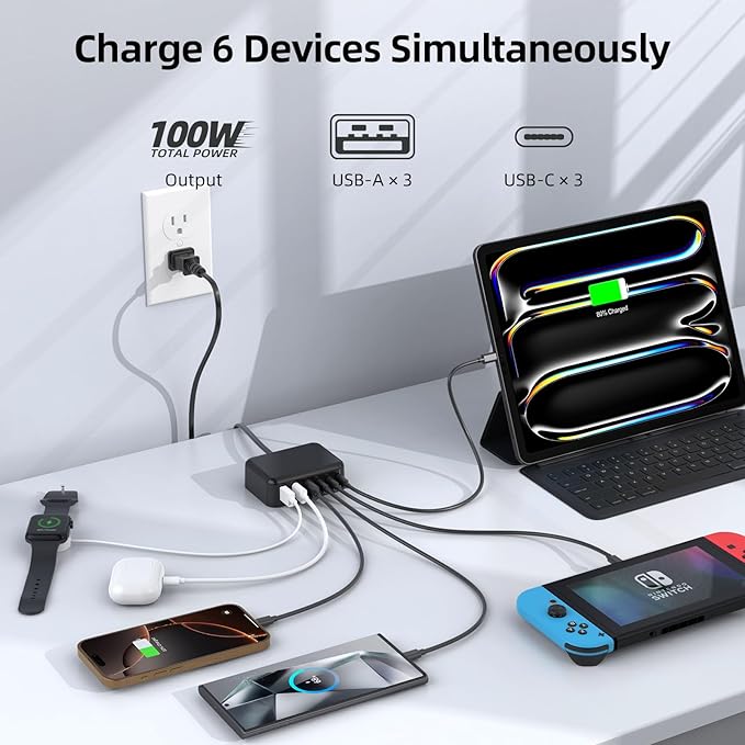 USB C Charger Block, 100W GaN 6 Port PD USB C QC USB A Wall Charger Adapter Plug Cube, Super Fast Type C Charging Station Hub for iPhone 16 15 14 13 12 Pro Max iPad Samsung Pixel 5ft Extension Cord