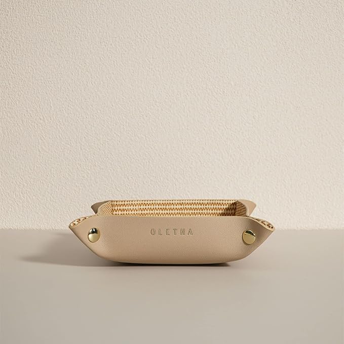OLETHA Small Foldable Valet Tray - Aesthetic Desk Organizer for Home, Office & Travel - Portable Catch All Bowl for Keys, Scrunchie & Jewelry - Rattan Textured, Beige