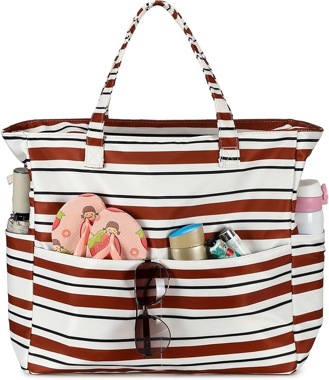 LEDAOU Large Beach Tote Bag Women Waterproof Sandproof Zipper Beach Tote Bag for Pool Gym Grocery Travel with Wet Pocket